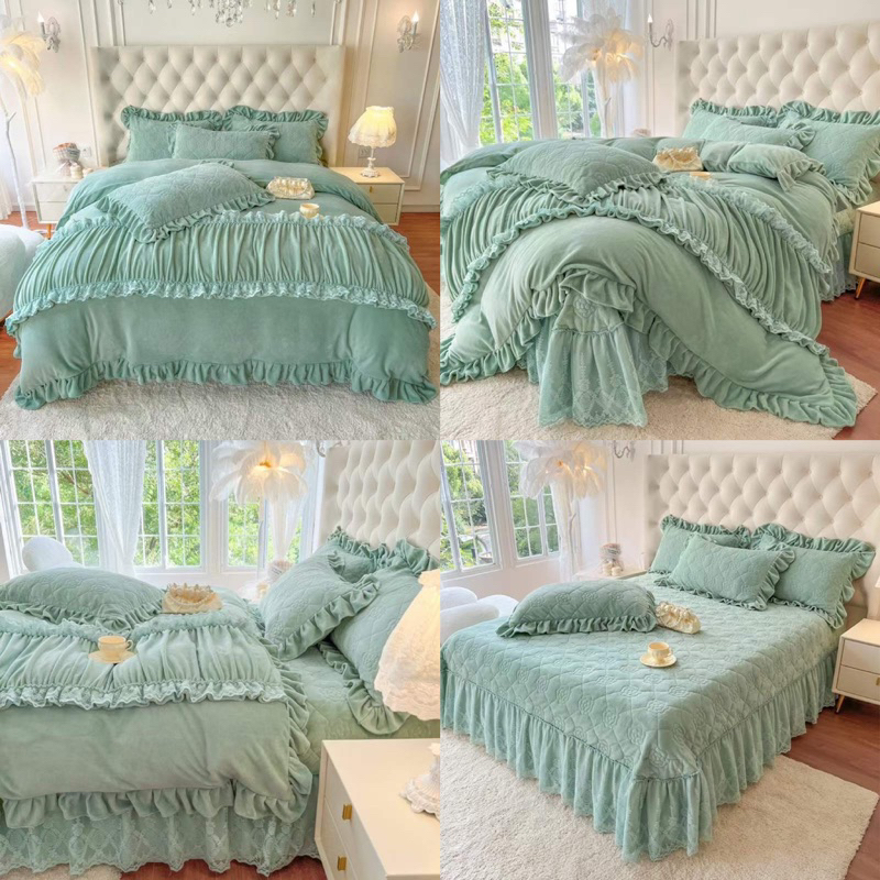 Bộ Chăn Ga Nỉ Nhung Ga Phủ Trần Bông xếp ly bèo voan Nàng thơ xinh xắn điệu đà chất liệu nỉ cao cấp mềm mượt ấm áp
