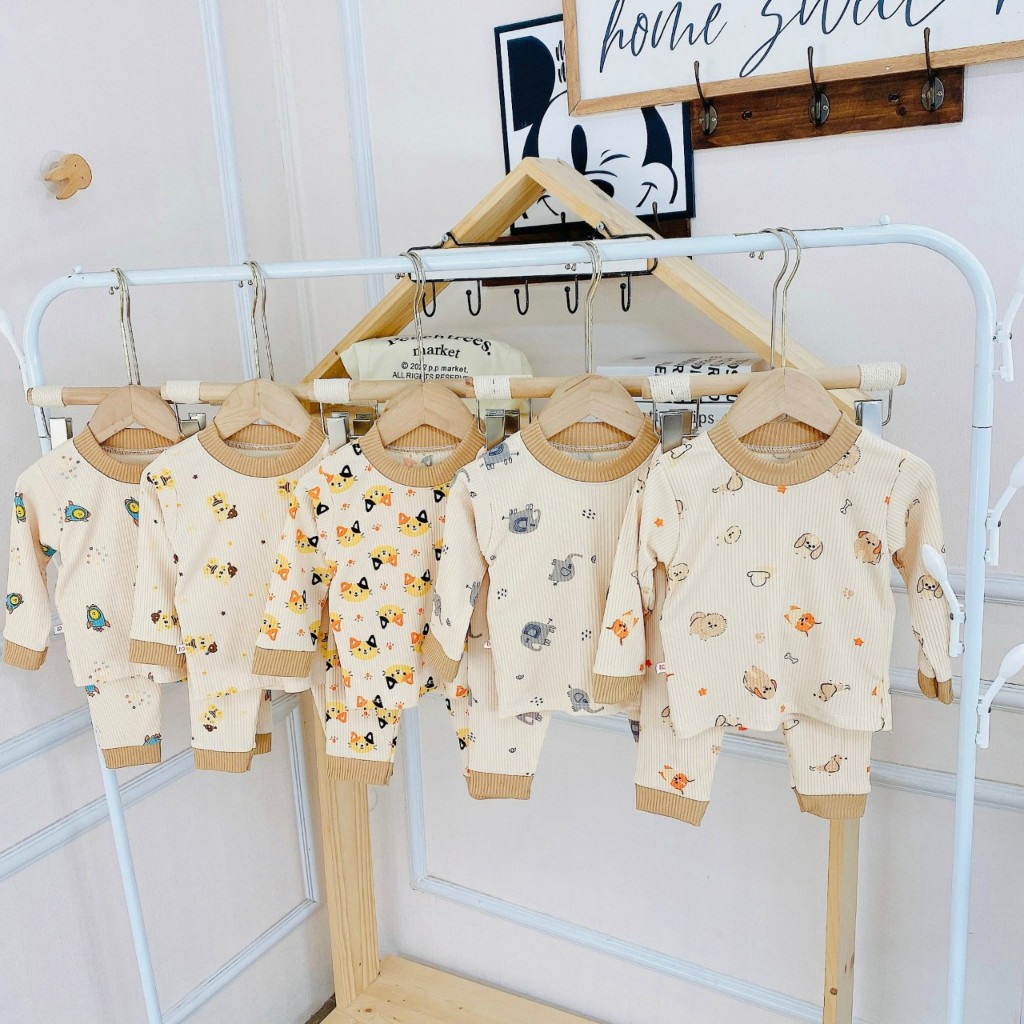 Bộ thun tăm lạnh cho bé họa tiết ngộ nghĩnh, Bộ thun tăm dài tay cho bé