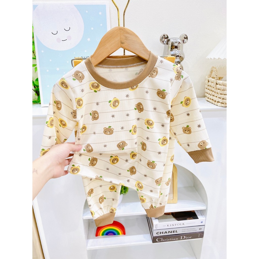 Bộ thun tăm lạnh cho bé họa tiết ngộ nghĩnh, Bộ thun tăm dài tay cho bé