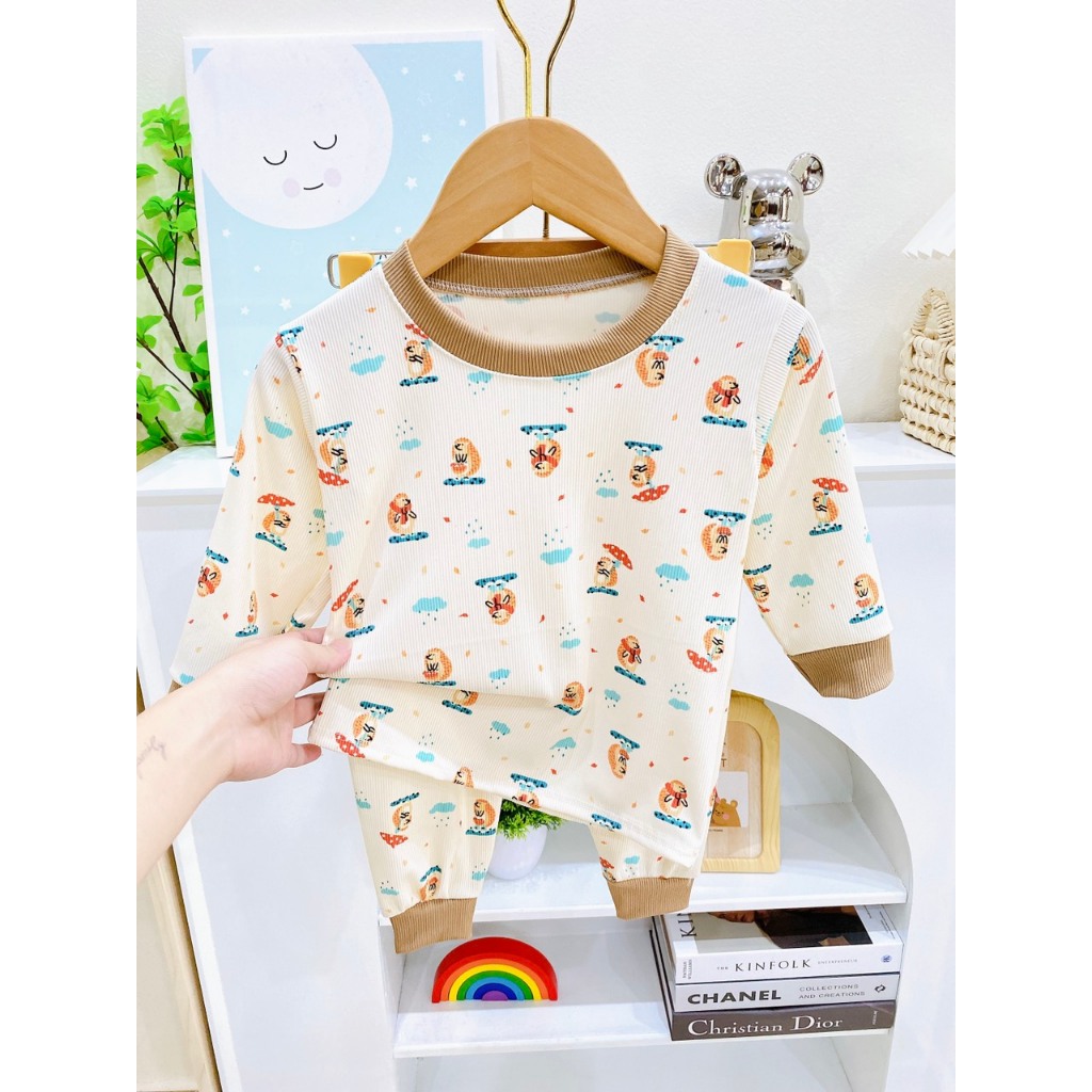 Bộ thun tăm lạnh cho bé họa tiết ngộ nghĩnh, Bộ thun tăm dài tay cho bé