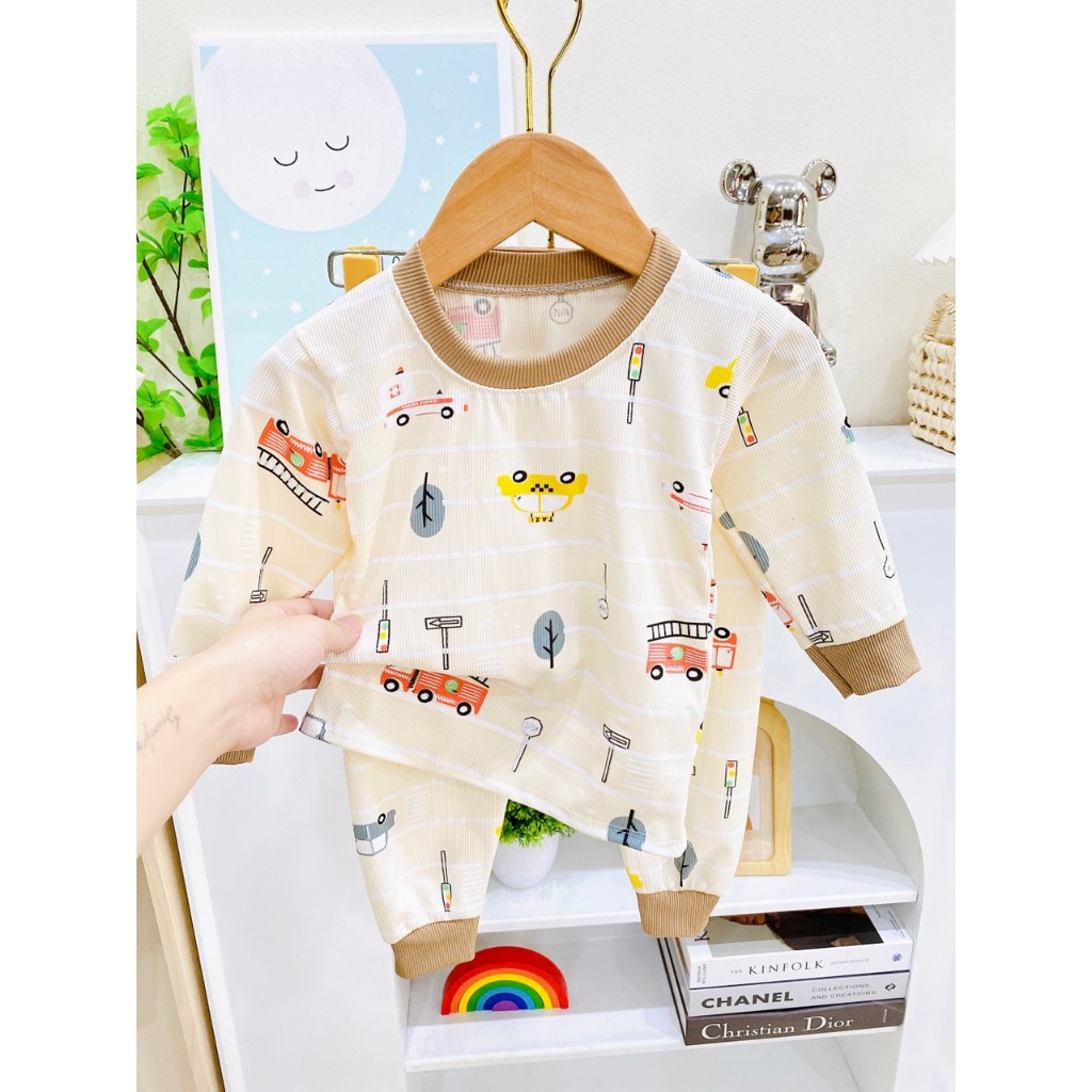 Bộ thun tăm lạnh cho bé họa tiết ngộ nghĩnh, Bộ thun tăm dài tay cho bé