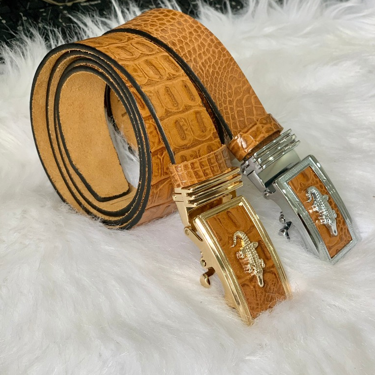 Thắt Lưng Dây Nịt Nam Da Bò Nguyên Miếng Dập Vân Cá Sấu Cao Cấp Thời Trang Mặt Khóa Tự Động và Khóa Cài Kim JNM004