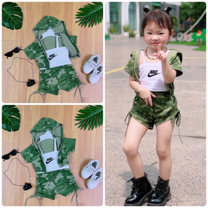 Sét Đùi Bé Gái Áo Dây Body Quần Rút Rằn Ri Tặng Kèm Áo Khoác Có Nón Cá Tính Chất Thun Cotton 4 Chiều
