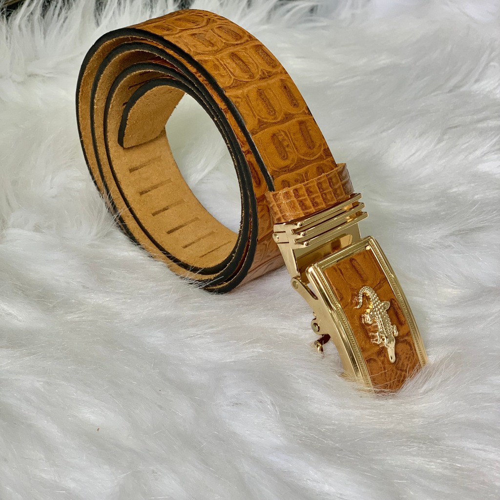 Thắt Lưng Da Bò Nguyên Miếng Cao Cấp Dập 1 Lớp Vân Cá Sấu Khóa Tự Động Màu Vàng Mặt Gold