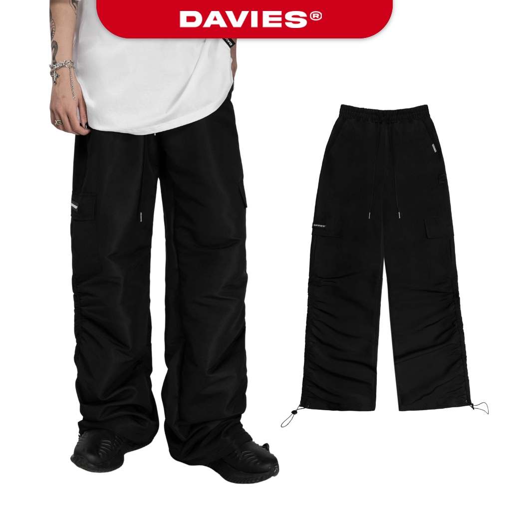 Quần ống rộng nam nữ túi hộp vải dù màu đen Cargo Pant Ruffle local brand Davies | D33-Q7