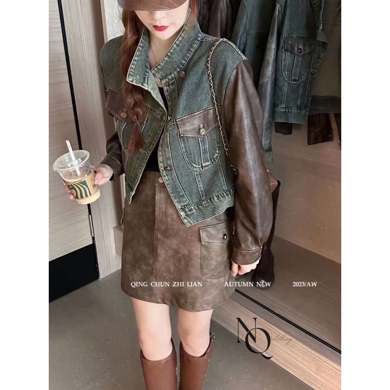 Áo khoác bò pha da cổ tàu hàng QCL1