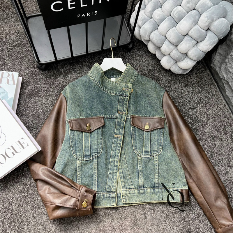 Áo khoác bò pha da cổ tàu hàng QCL1