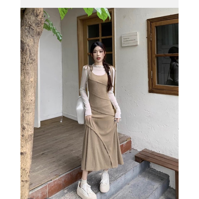 Set yếm váy nâu dáng dài xoè hàng QCL1