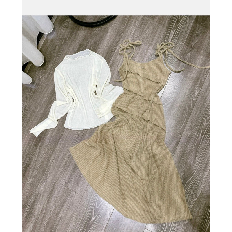 Set yếm váy nâu dáng dài xoè hàng QCL1