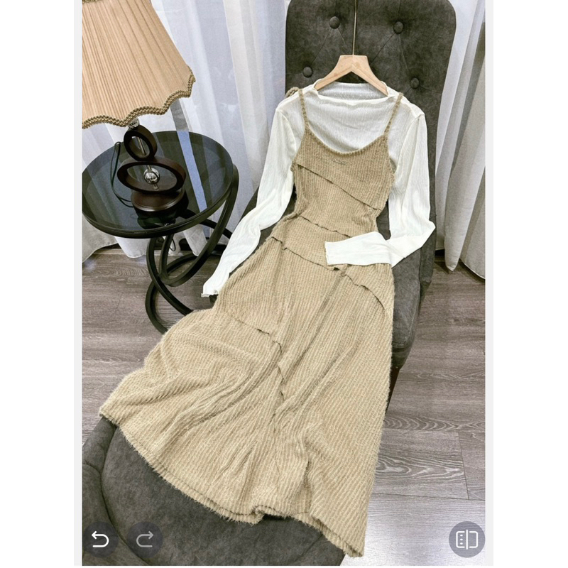 Set yếm váy nâu dáng dài xoè hàng QCL1