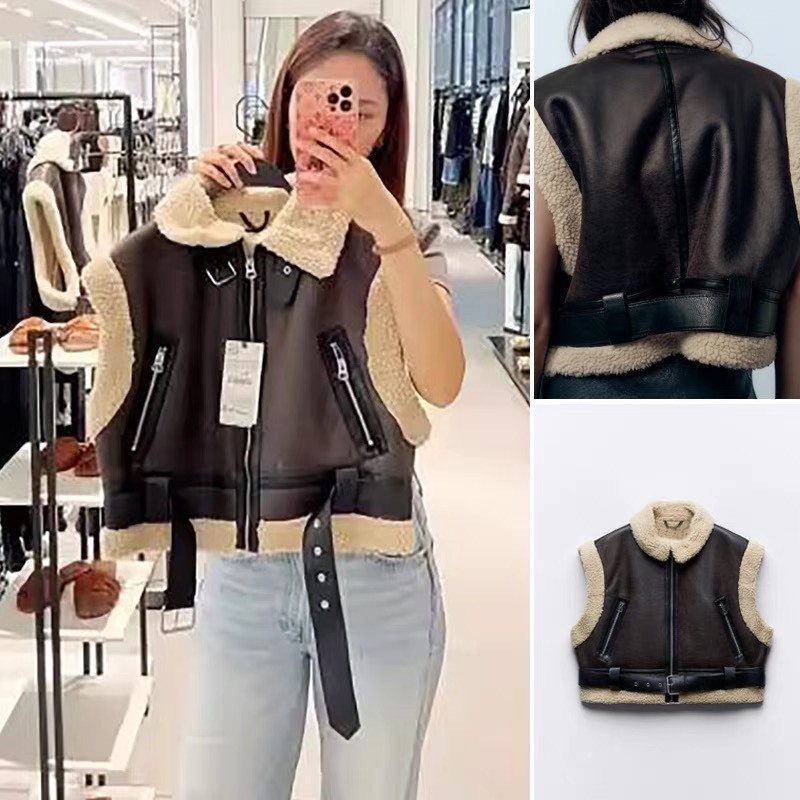 Áo da lộn gile dáng ngắn hàng xuất dư ZARA