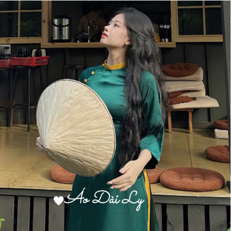 Áo dài lụa xanh cúc ngọc thiết kế may sẵn kèm quần