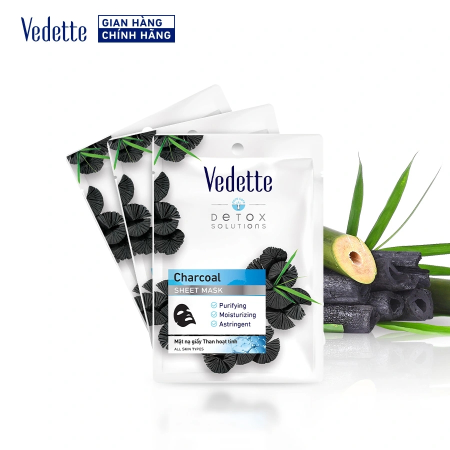 Mặt nạ giấy Than Hoạt Tính Vedette 22ml – Thanh lọc da sạch sâu, Da ẩm & Sáng Khỏe