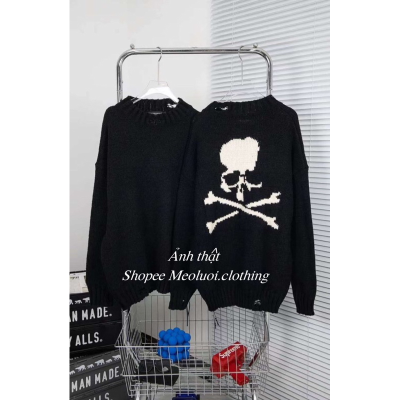 Áo len nữ hình người unisex màu đen form to hàng Qc