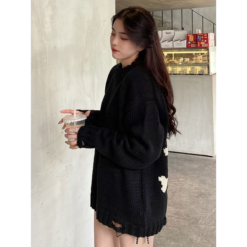 Áo len nữ hình người unisex màu đen form to hàng Qc