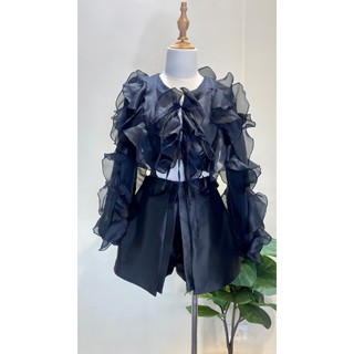 Set sơ mi bèo dây cài mix quần đùi tacta hai tà CRT906