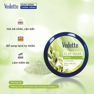 Mặt nạ đất sét Vedette Olive 145g - Hút bã nhờn, Cặn bẩn, Bổ sung lipid tự nhiên & Làm mền da