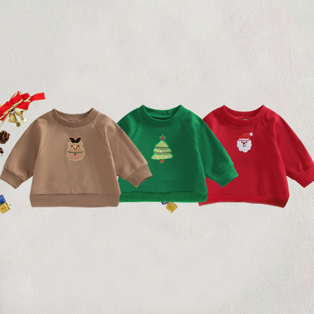 TE447- Áo sweater chất nỉ bông không xù cho bé Hokiha Kids hình thêu giáng sinh đáng yêu size 8-16kg