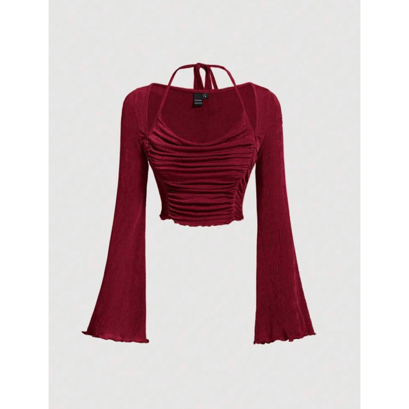 Áo thun tay dài chiết ngực cột dây cổ ánh nhũ blingbling