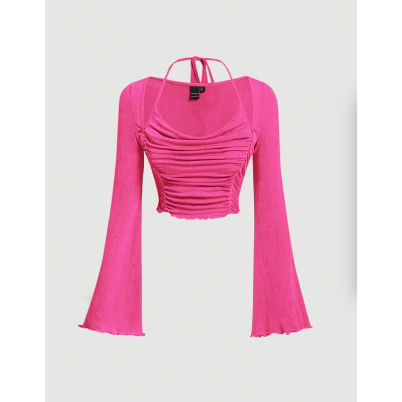 Áo thun tay dài chiết ngực cột dây cổ ánh nhũ blingbling