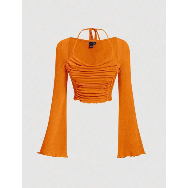 Áo thun tay dài chiết ngực cột dây cổ ánh nhũ blingbling