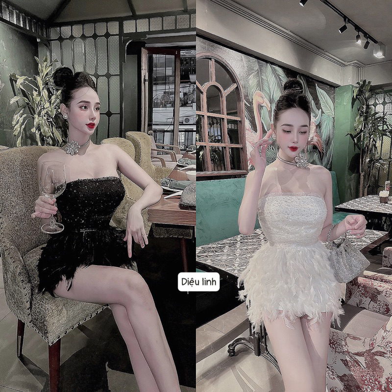 Váy body quây ngọc phối chân lông vũ sang chảnh