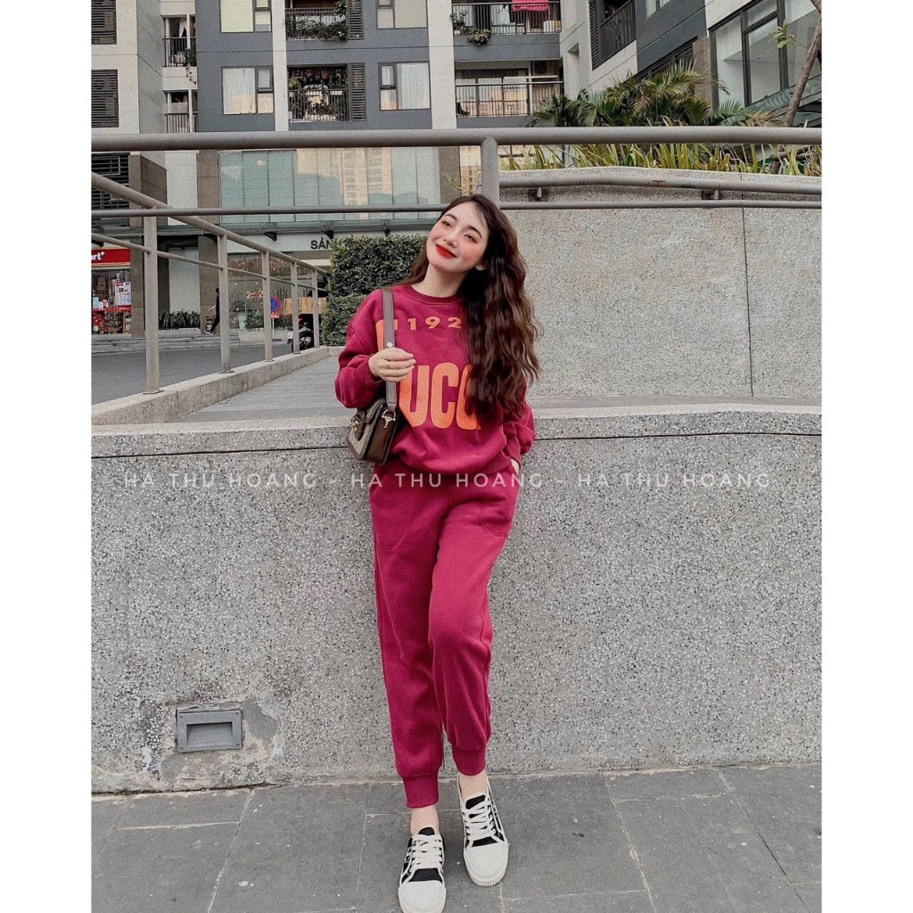 Sét Bộ Nỉ Bông In chữ Quần Dài Basic Chất Nỉ Dày Dặn,Bộ Thu Đông A ó Sweater Dài Tay Quần Bom Xinh Xắn