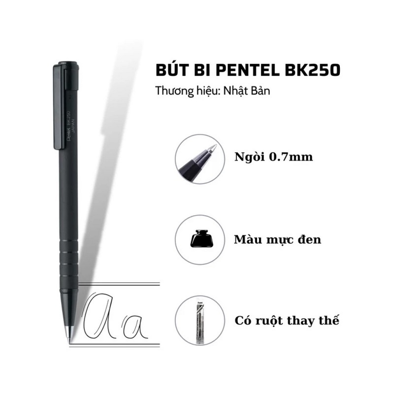 Bút bi bấm Nhật Bản Pentel BK250 - Ruột BKS7E 0.7mm xanh, đen / Bút bi Pentel huyền thoại