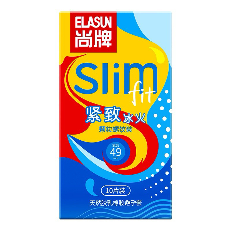 Bao cao su gai ELASUN Slim fit, 49mm, gân gai, kéo dài thời gian, ôm sát, cảm giác băng lửa, hộp 10 bcs