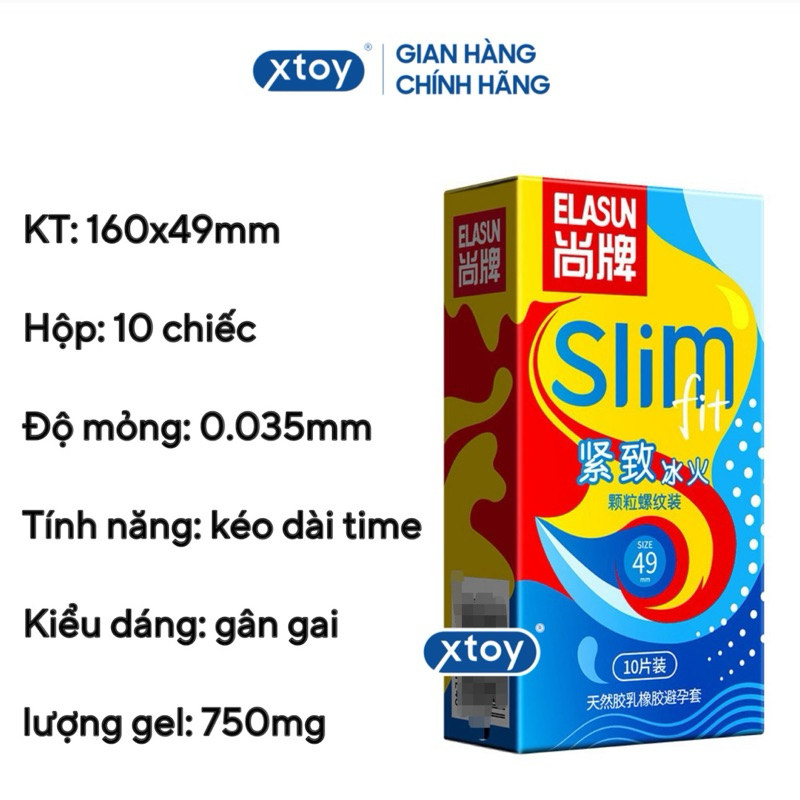 Bao cao su gai ELASUN Slim fit, 49mm, gân gai, kéo dài thời gian, ôm sát, cảm giác băng lửa, hộp 10 bcs