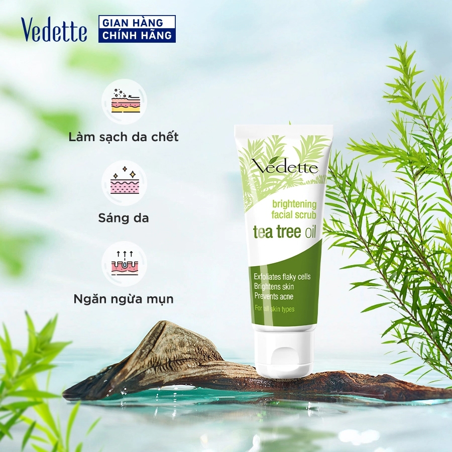 Sữa dưỡng sáng da và tẩy tế bào chết Vedette Tea Tree Oil 45ml - Làm sạch lớp da chết, Sáng da & Ngăn ngừa mụn