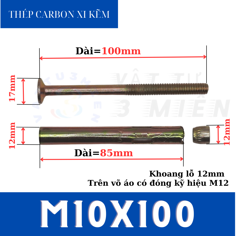 Tắc kê nở M10x100/M8x100 đầu vít ba ke sắt xi kẽm