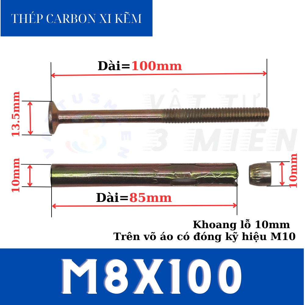 Tắc kê nở M10x100/M8x100 đầu vít ba ke sắt xi kẽm