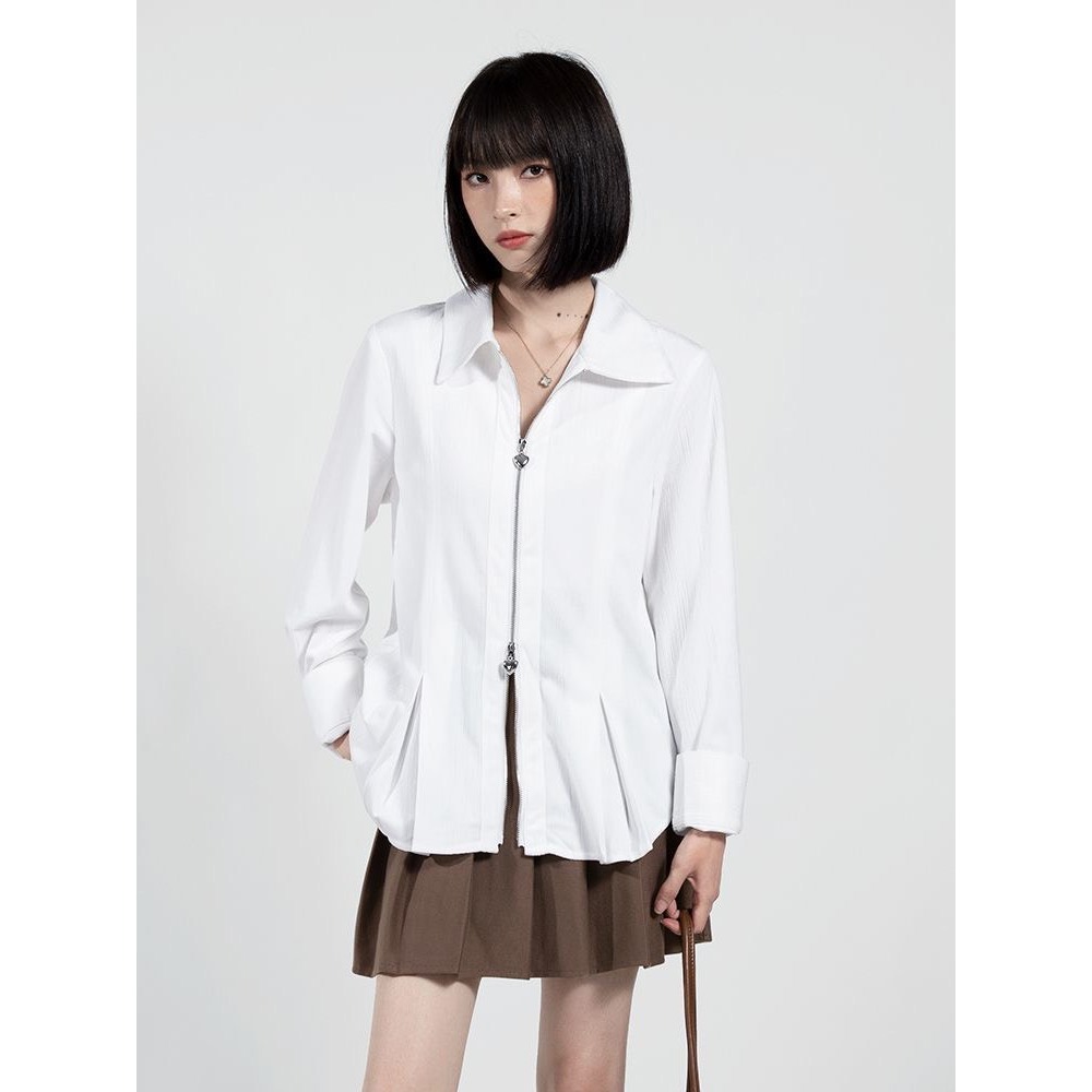 Áo sơ mi cách điệu Ruby có khóa kéo, Áo sơ mi form rộng cúc hình tim phong cách thời trang