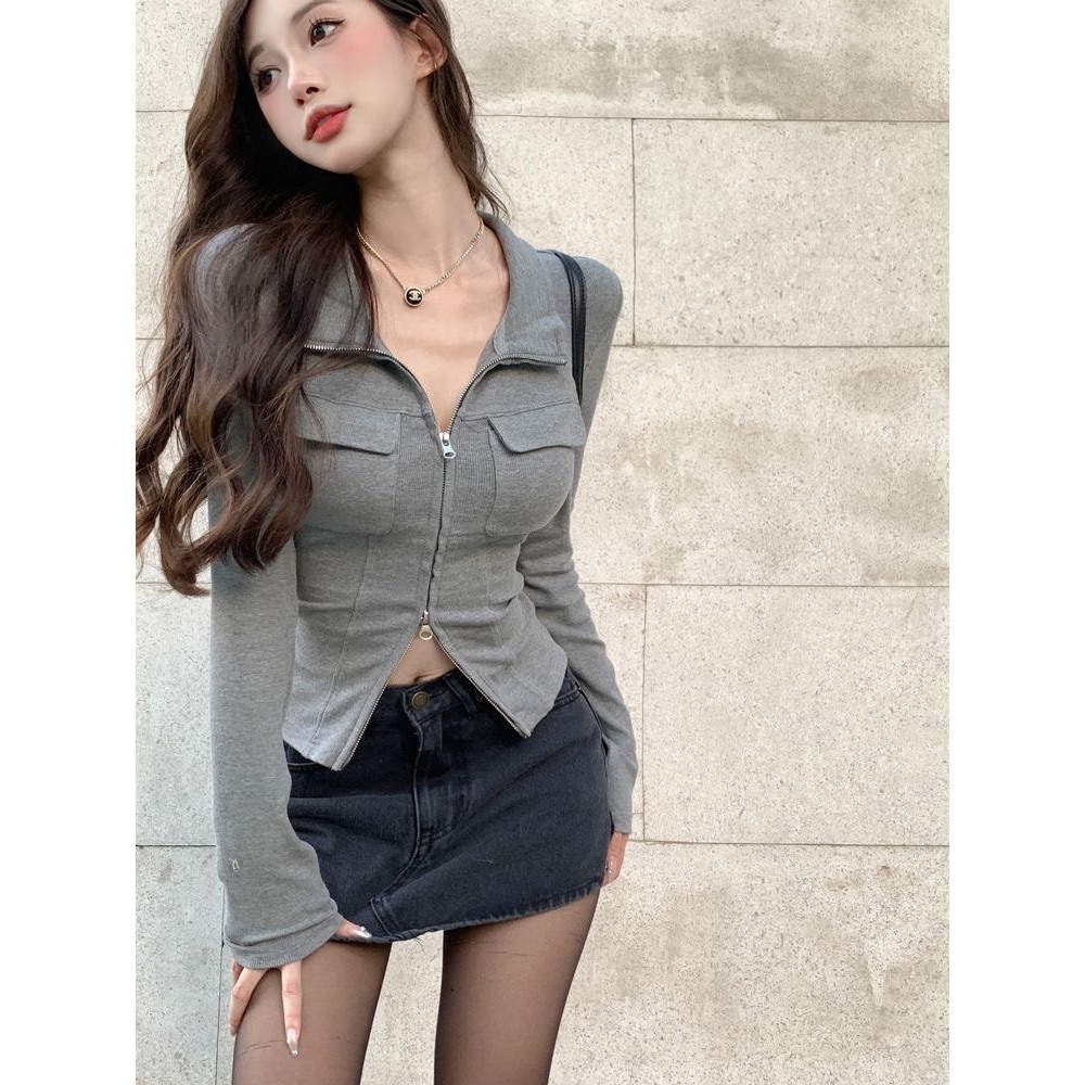 Áo khoác len cardigan Ruby có khóa kéo, Áo dài tay croptop có cổ phong cách năng động