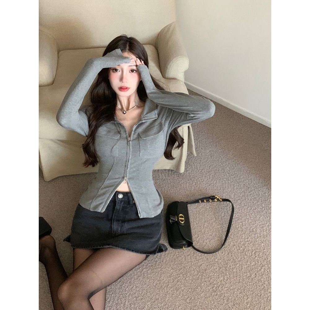 Áo khoác len cardigan Ruby có khóa kéo, Áo dài tay croptop có cổ phong cách năng động