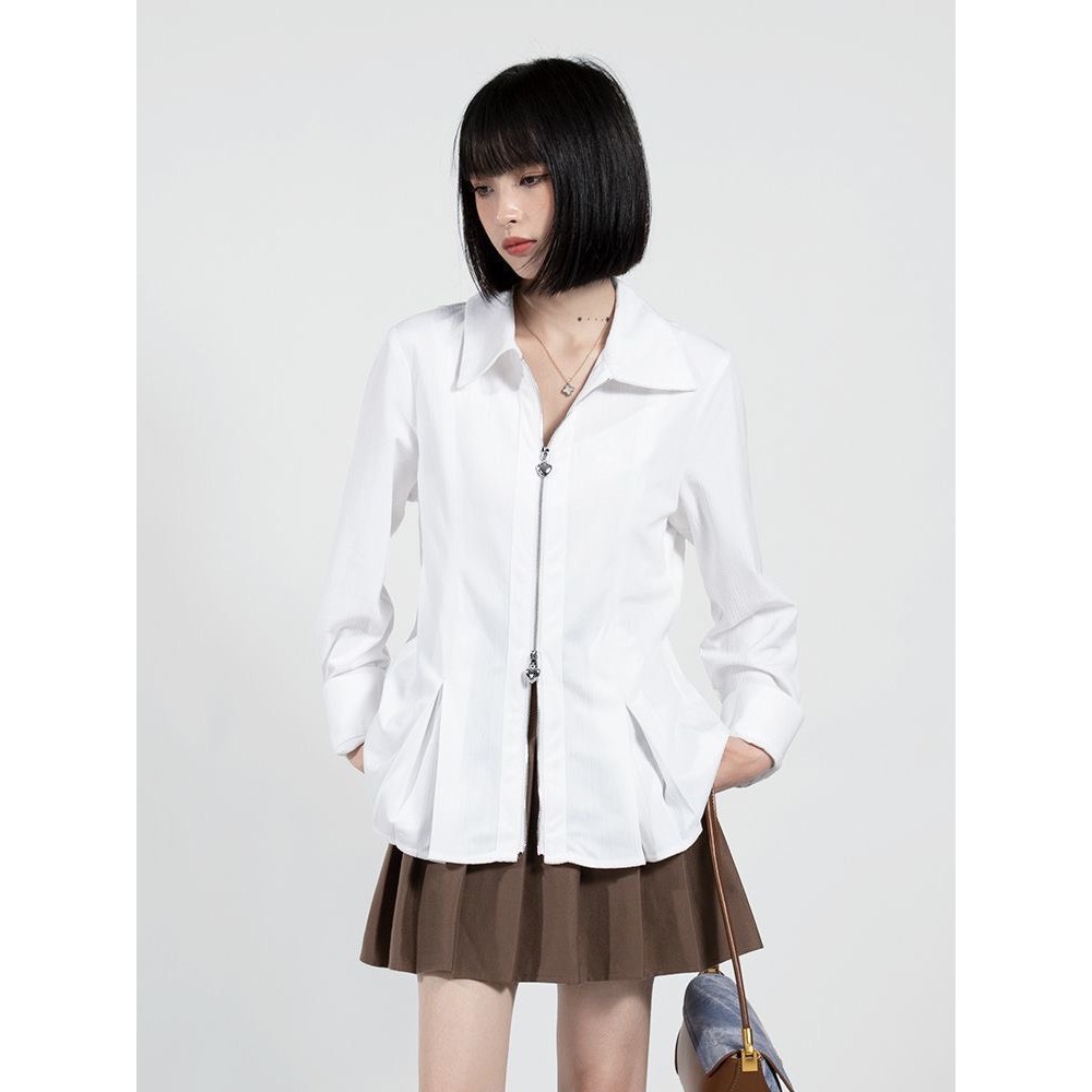 Áo sơ mi cách điệu Ruby có khóa kéo, Áo sơ mi form rộng cúc hình tim phong cách thời trang