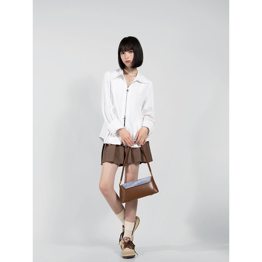 Áo sơ mi cách điệu Ruby có khóa kéo, Áo sơ mi form rộng cúc hình tim phong cách thời trang