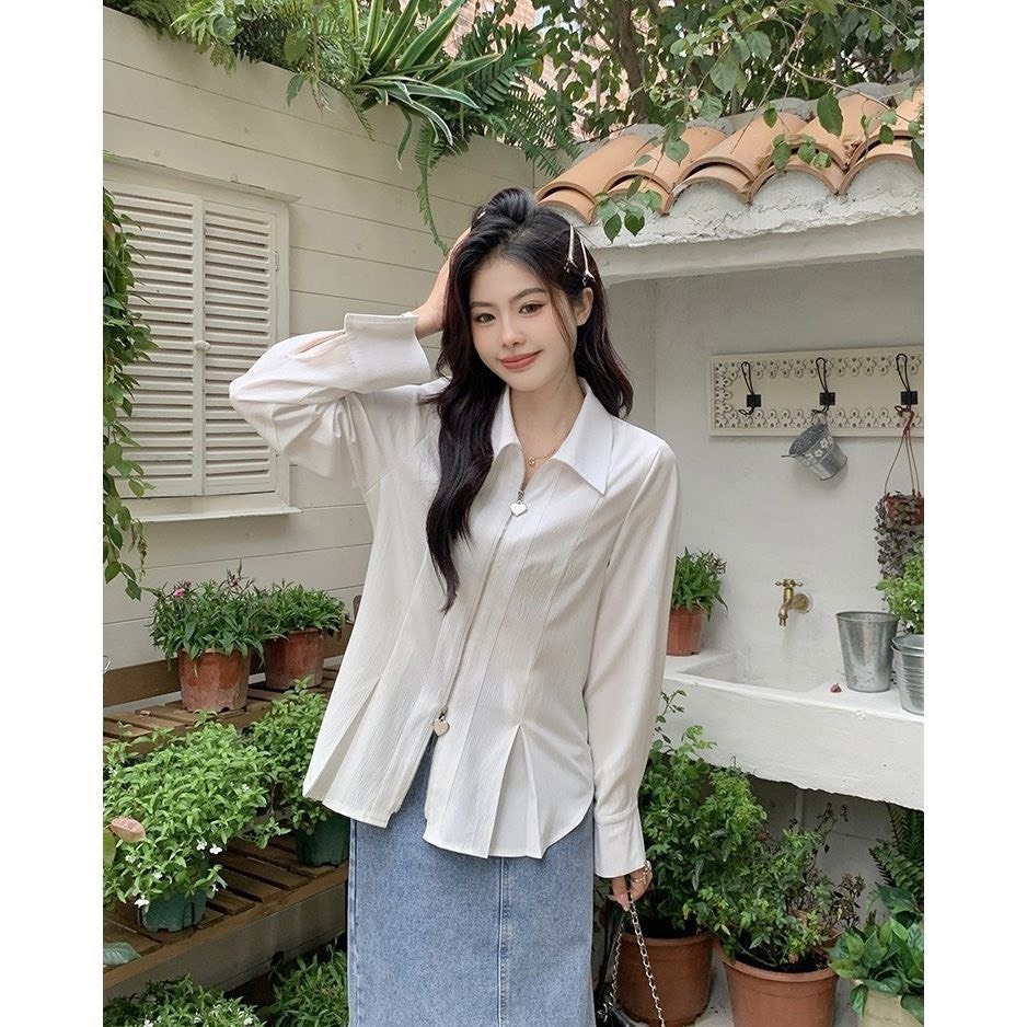 Áo sơ mi cách điệu Ruby có khóa kéo, Áo sơ mi form rộng cúc hình tim phong cách thời trang