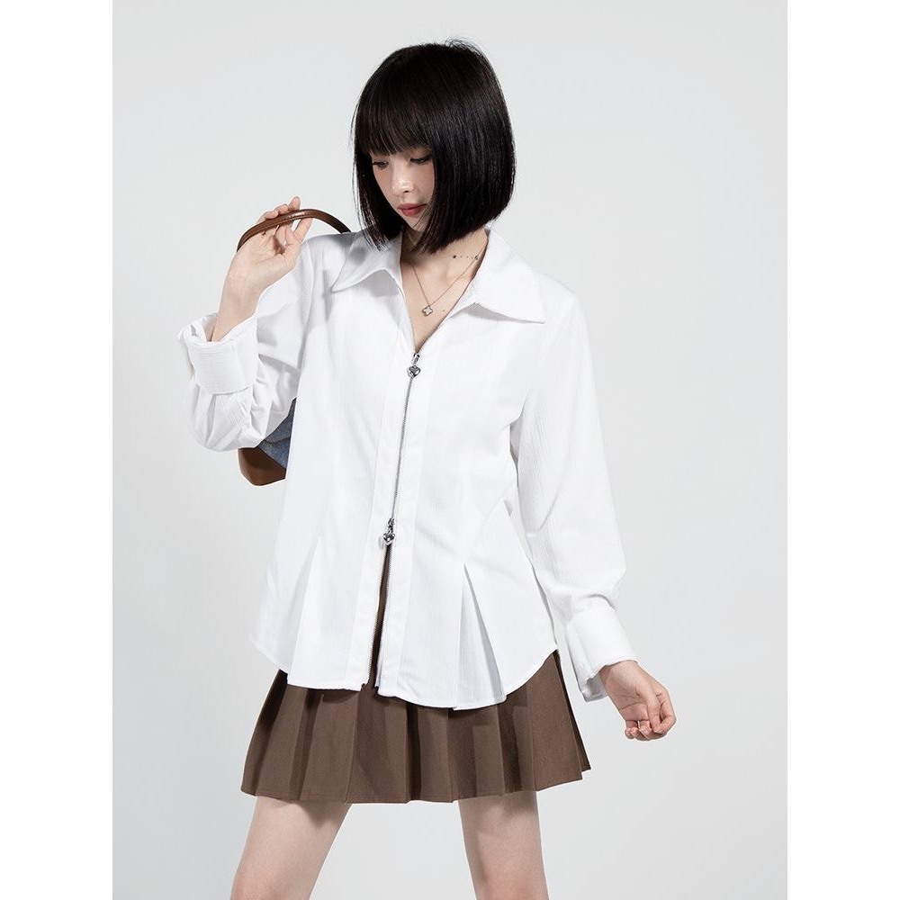 Áo sơ mi cách điệu Ruby có khóa kéo, Áo sơ mi form rộng cúc hình tim phong cách thời trang