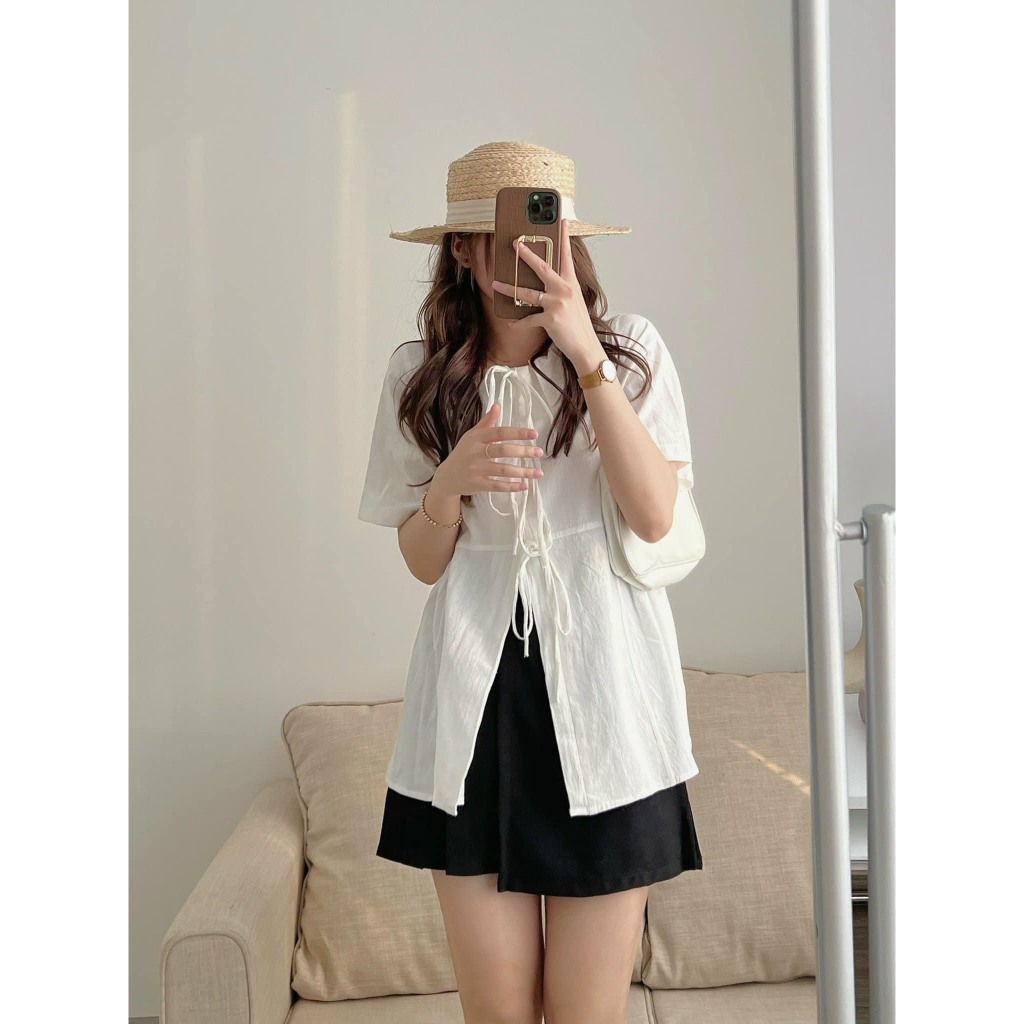 Áo Sơ Mi Babydoll Phối Dây Nơ Tiểu Thư A08