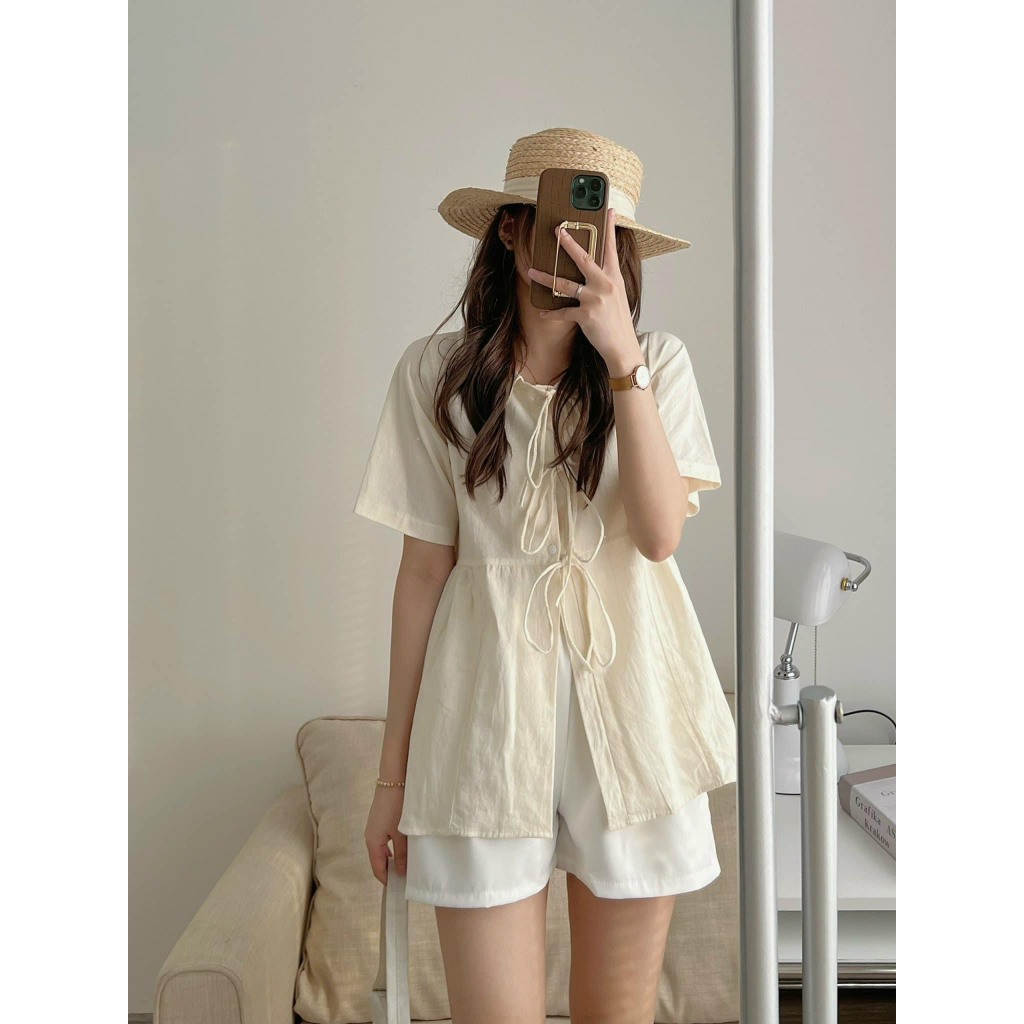 Áo Sơ Mi Babydoll Phối Dây Nơ Tiểu Thư A08