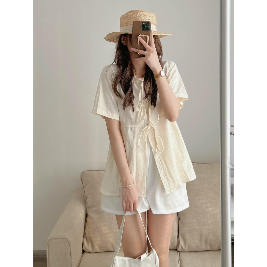 Áo Sơ Mi Babydoll Phối Dây Nơ Tiểu Thư A08