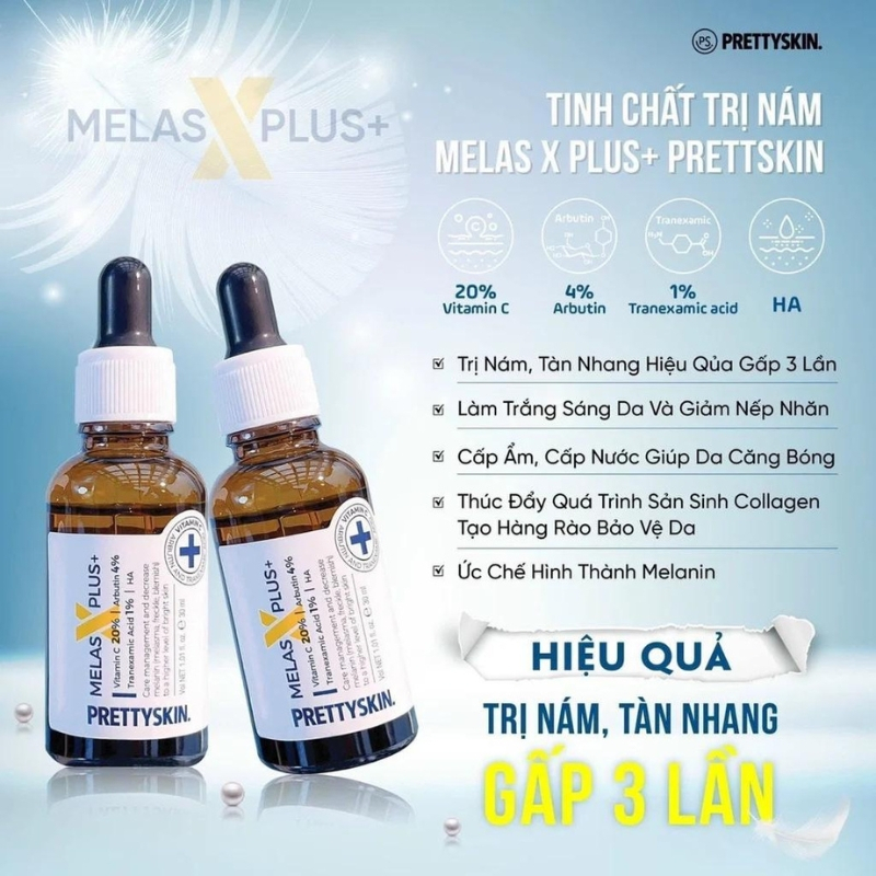 Serum PrettySkin Melas X Plus + Tinh chất dưỡng trắng da,làm mờ thâm,giảm nám,căng bóng,mịn màng cho da, dung tích 30ml