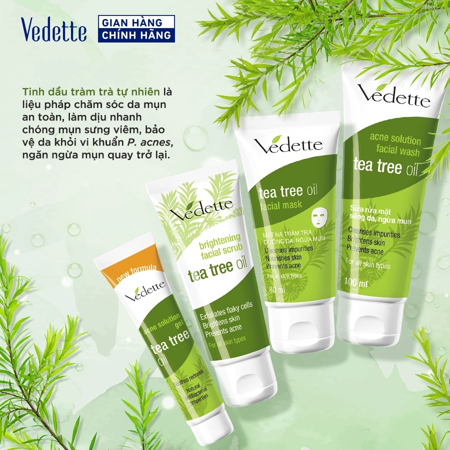 Sữa rửa mặt Vedette Tràm Trà - Tea Tree Oil 100ml - Làm sạch bã nhờn, Da sáng mịn & Hỗ trợ ngừa mụn