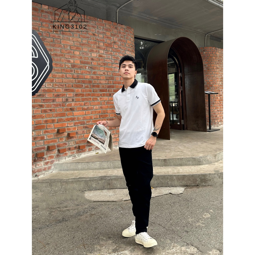 Áo Polo Nam, Áo Thun Polo Nam Trơn Trắng Đen Cotton Thoáng Mát, Thấm Hút, Không Nhăn Full Box Bill - Polo Trắng Cổ Đen