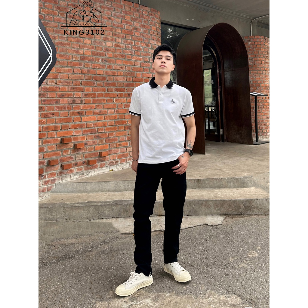 Áo Polo Nam, Áo Thun Polo Nam Trơn Trắng Đen Cotton Thoáng Mát, Thấm Hút, Không Nhăn Full Box Bill - Polo Trắng Cổ Đen