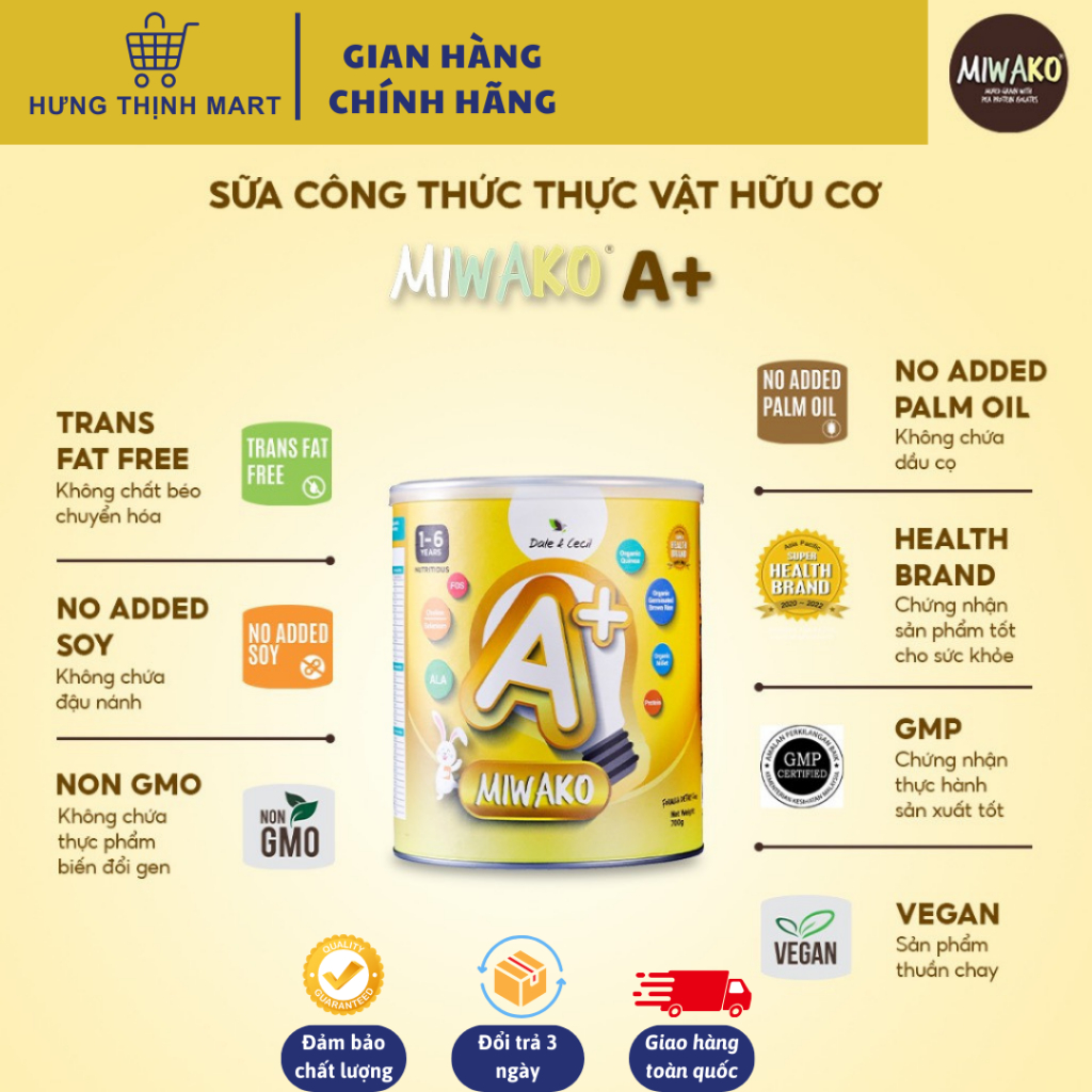 Sữa Công Thức Hạt Thực Vật Hữu Cơ Miwako A+ Vị Vani 400g/700g Nhập Khẩu Malaysia