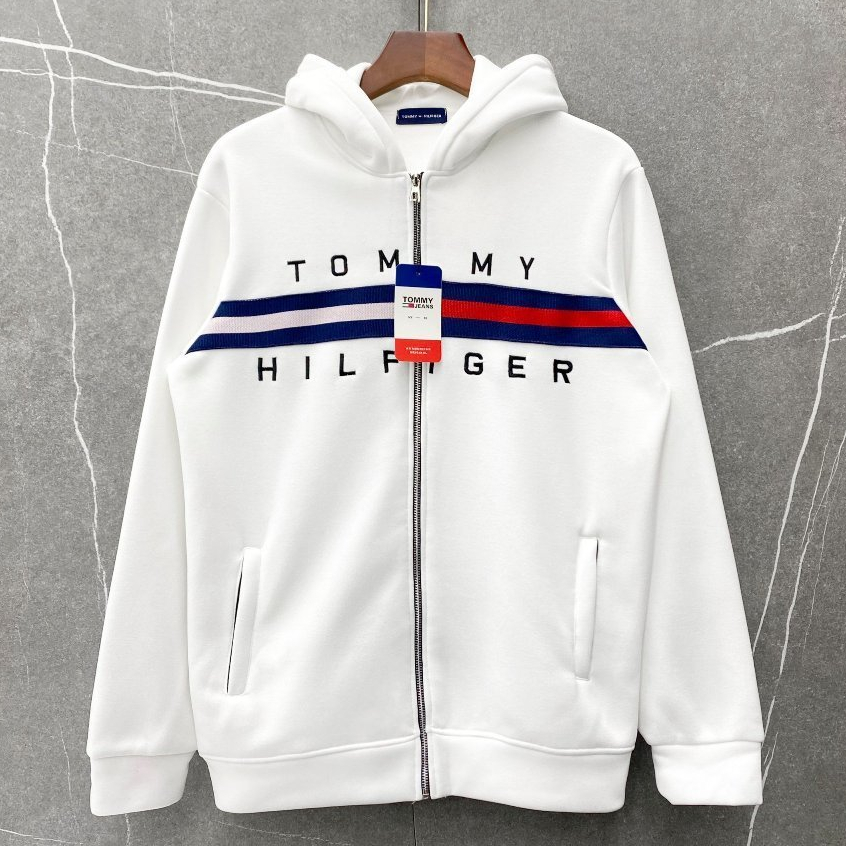 Áo Khoác Hoodie Tommy Thu Đông nam nữ Tommy nỉ bông thêu vạch sọc xanh trắng đỏ dệt chữ ngang ngực dày dặn, ấm áp