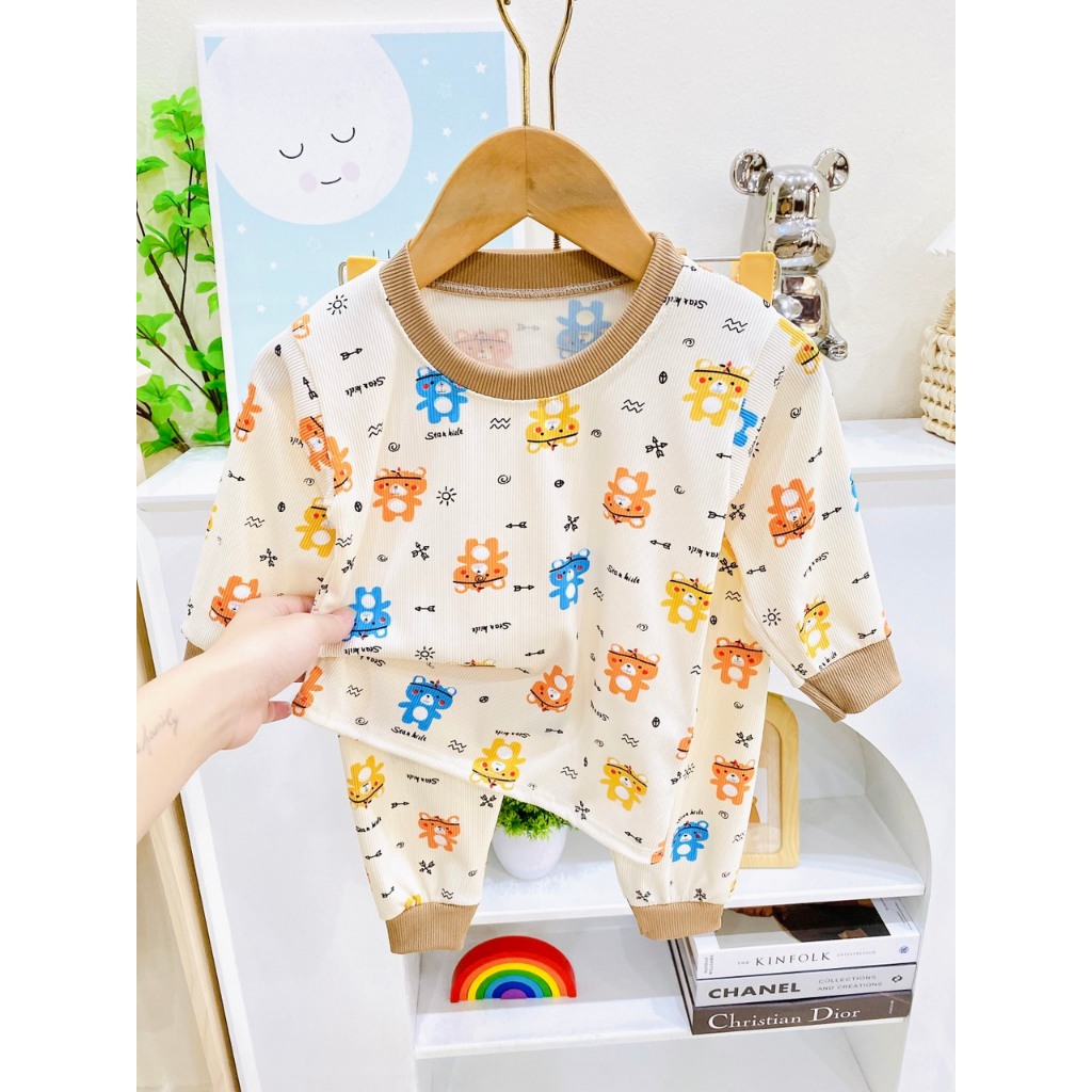 Bộ thun tăm lạnh cho bé họa tiết ngộ nghĩnh, Bộ thun tăm dài tay cho bé